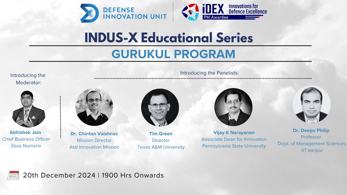 India_iDEX's tweet photo. Join #iDEX for the next insightful Gurukul Session under #INDUSX on 20th Dec 24, starting at 1900 Hrs!
Topic: Strengthening Effective Collaborations- Engaging with Academia from India &amp; the USA.
Register: https://t.co/1gNJ1tG1Wz

Inviting #Innovators #Startups #MSMEs &amp; #Students https://t.co/lsHoaq644u