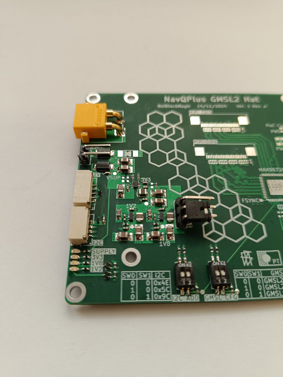 NotBlackMagic1's tweet photo. Power supply part of the #GMSL deserializer soldered and working. Will test current capabilities to guarantee it works well for the application. In possible future iteration would try a PMIC instead of 3 discreet buck converters
#soc #cv #vision #emebedded https://t.co/nhnF8CYnae
