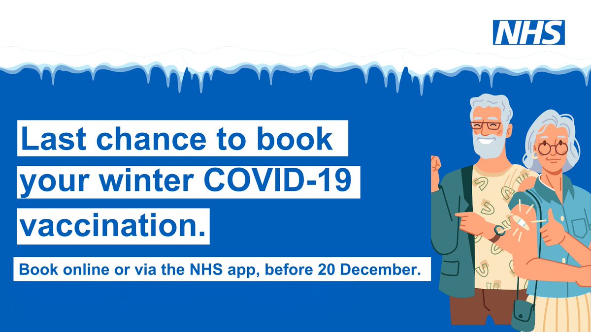 It's not too late to book your winter Covid-19 vaccination.
You can book online (nhs.uk/nhs-services/c… ) or via the NHS app before 20 December.
<a href="/HfdsCouncil/">HerefordshireCouncil</a> <a href="/NHS_HW/">NHS Herefordshire & Worcestershire</a> <a href="/WyeValleyNHS/">Wye Valley NHS Trust</a> <a href="/HWHerefordshire/">Healthwatch Herefordshire</a>