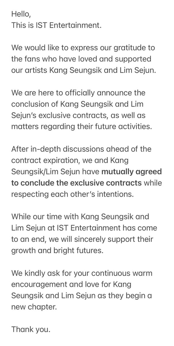 Kang Seungsik and Lim Sejun have officially terminated their contracts with IST Entertainment.

#VICTON #빅톤 #강승식 #승식 #임세준 #세준