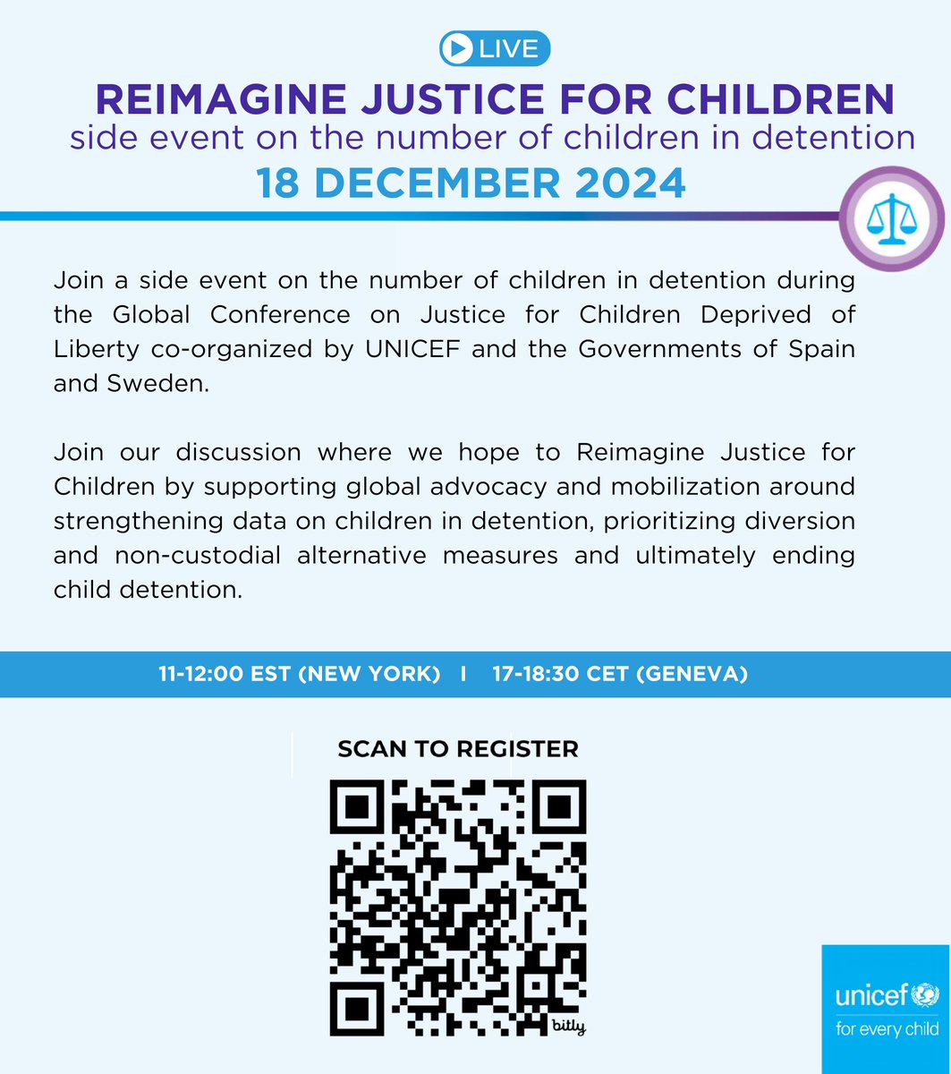 1/2
📣 Join us on 18 December 2024 for a side event at the Global Conference on Justice for Children Deprived of Liberty, co-organised by <a href="/UNICEF/">UNICEF</a> with support from the Governments of Spain and Sweden.

❗We’ll explore the urgent need to strengthen #data on children in #detention.