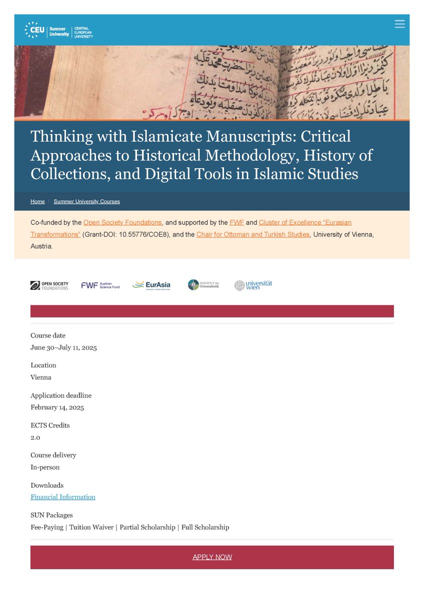 NoMansLand_OEAW's tweet photo. SUMMER SCHOOL
Interested in #Manuscripts from the #Islamicate World?
A new edition of the "Thinking with Islamicate Manuscripts" Summer Scholl (30/6-12/7 2025)
Fellowships available!
@FWF_at @ceu @iranshenasi @univienna
Apply here: https://t.co/TqifUdZAVF
More information 👇 https://t.co/FSY418gwxG