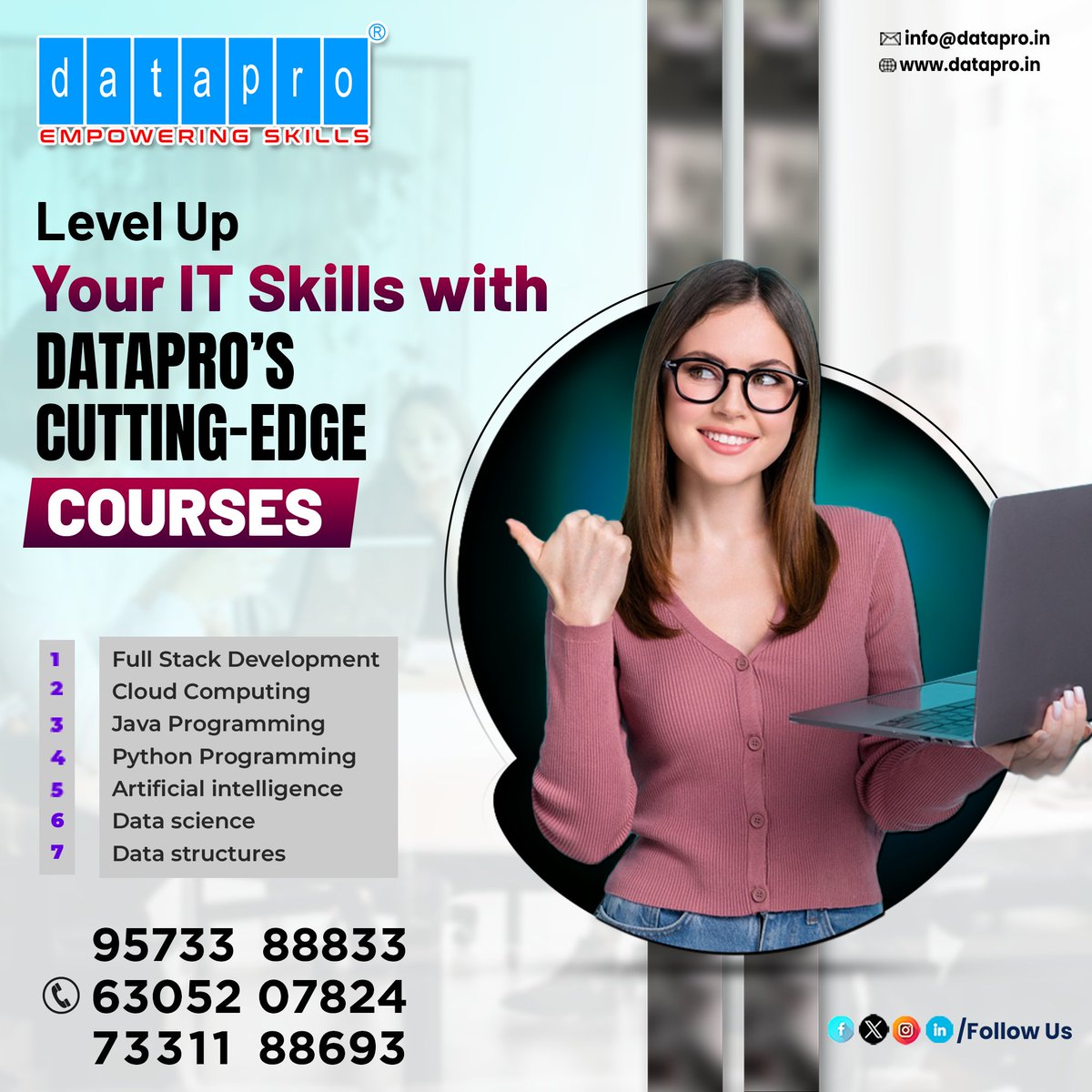 dataproofficial's tweet image. Level up your IT skills with Datapro’s cutting-edge courses! 
Join us at Datapro and unlock your potential in the ever-evolving world of IT. Reach out now &amp;amp; take the first step toward a bright career
#itskills #fullstackdevelopment #dataprocomputers #empoweryourcareer #Tech4All