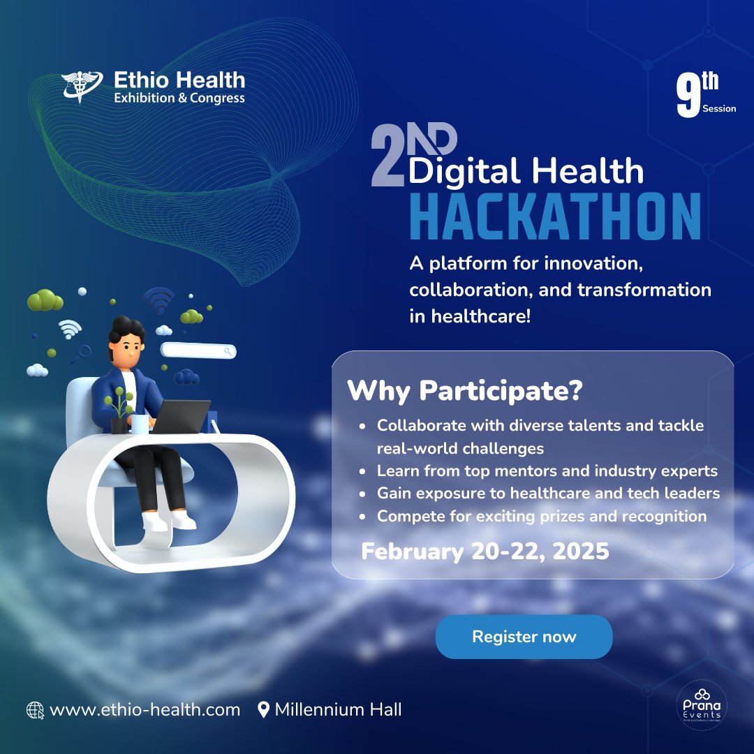 Date: February 20-22, 2025
Location: Millennium Hall, Addis Ababa

Who Can Join?
Developers, healthcare professionals, students, and innovators eager to create cutting-edge solutions in digital health.

Register now at forms.gle/1BhKXQcMc8uUBY…
