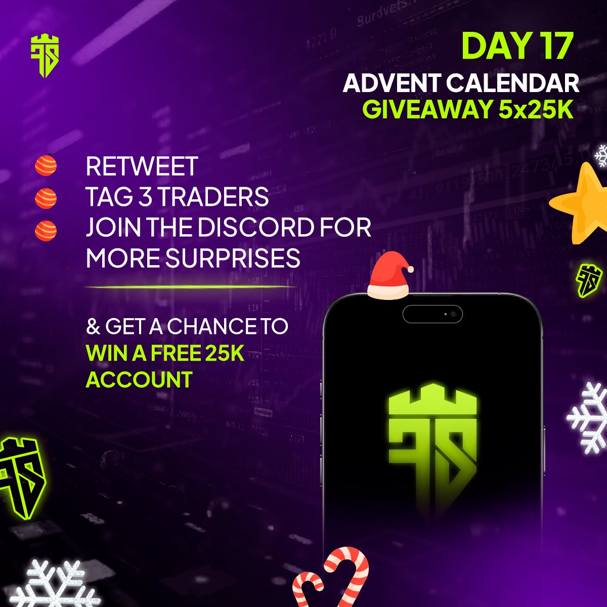 🎅 Day 17 Advent Calendar Giveaway 🎅
We’re giving away 5x 25K accounts! 🚀

Here’s how to enter:
🎁 retweet 
🎁 like this post follow us <a href="/fundedsquad/">FundedSquad</a> and Tag 3 traders
🎁 Join our Discord for more surprises ( link in bio ) 

💥 Don’t miss your chance to WIN A FREE 25K ACCOUNT