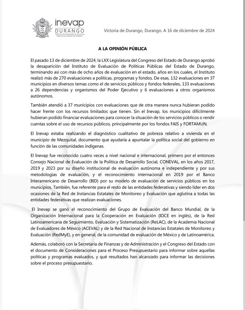 inevap_dgo's tweet image. #INEVAP informa.