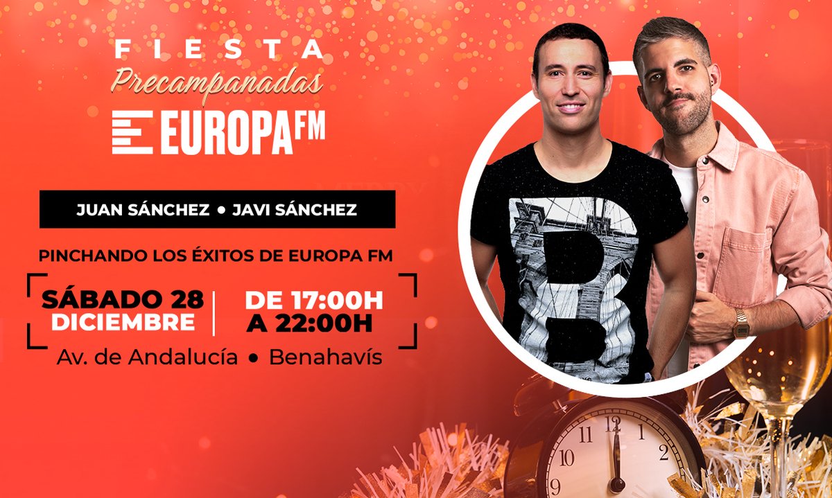 🎉¡El próximo 28  de diciembre disfruta con nosotros de la mejor fiesta precampanadas! 

🎚️Con los DJs <a href="/JuanSanchezEFM/">Juan Sánchez</a> y <a href="/JaviSanchezFM/">Javi Sánchez</a>. Habrá muchas sorpresas y mucha música. 

🥳Os esperamos en la Av Andalucía de Benahavís desde las 17:00 de la tarde. <a href="/aytodebenahavis/">AytodeBenahavís</a>