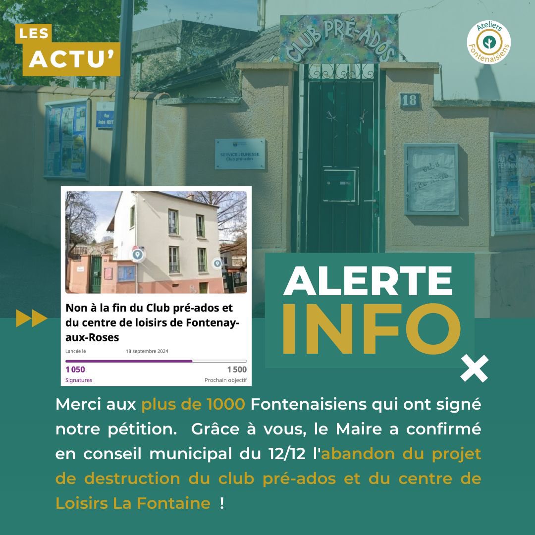 MERCI À VOUS 👏

Grâce à votre mobilisation, notre pétition contre la destruction du club pré-ados et du centre de loisirs La Fontaine a passé la barre des 1000 signatures, entraînant l’abandon du projet par le maire 🎉

Une très bonne nouvelle pour tous les jeunes de Fontenay ✅