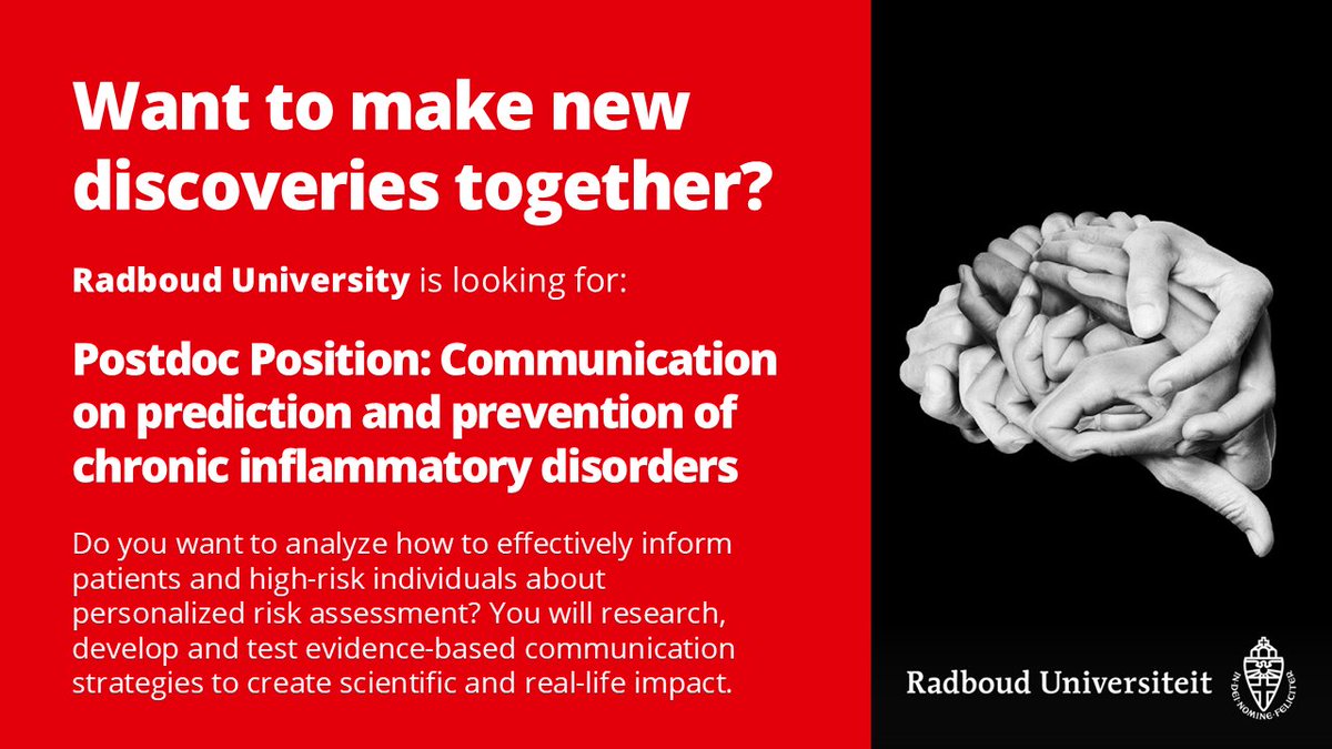 AnnaJMWagner's tweet photo. 🚨 I’m hiring a Postdoc (80%) for 5 years in the EU Horizon project “Personalized disease prediction and prevention”! Join me and our great team at @Radboud_Uni to investigate patient-centered health communication. Applications open until January 13, 2025. #youhaveaparttoplay https://t.co/LVuhBDjjeG