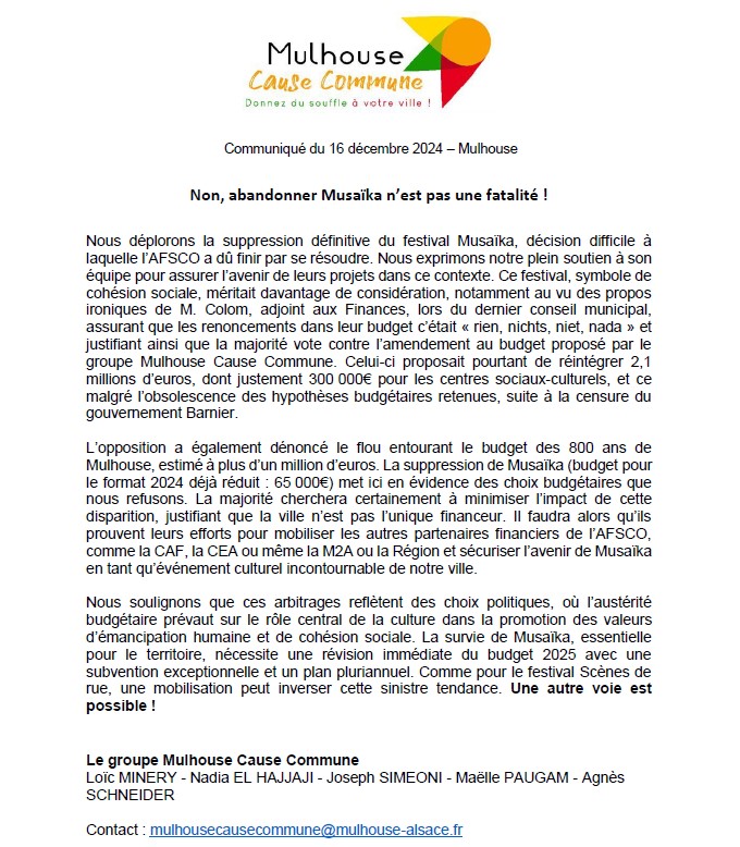 MulhouseCC's tweet photo. ➡️ Notre réaction suite à l'annonce de la suppression du festival Musaïka https://t.co/j4vcpI4AJT