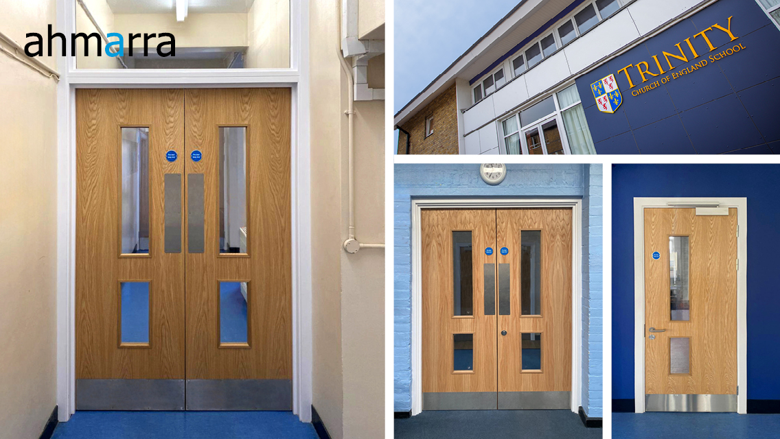 AhmarraDoors's tweet photo. Ahmarra manufactured 60+#FireDoors for @TrinitySchBelvd. These FD30s doors are certified under the @BM_TRADA Q-Mark #FireDoor scheme. Featuring warm timber tones, they're faced with @dfrveneer’s American white oak crown cut, vertical grain wood veneer. https://t.co/km5JFUXlWc https://t.co/REqfCoxqDF