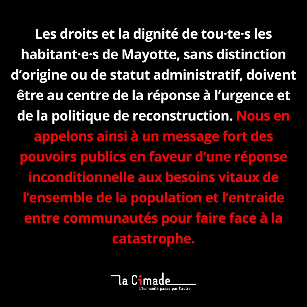 🔴 La Cimade tient à exprimer sa profonde solidarité avec les habitant·e·s de #Mayotte, durement touché·e·s par le passage du cyclone #Chido.
Nos pensées vont aux victimes, à leurs familles et à l’ensemble des personnes affectées.

Lire notre communiqué ⬇️
lacimade.org/solidarite-ave…