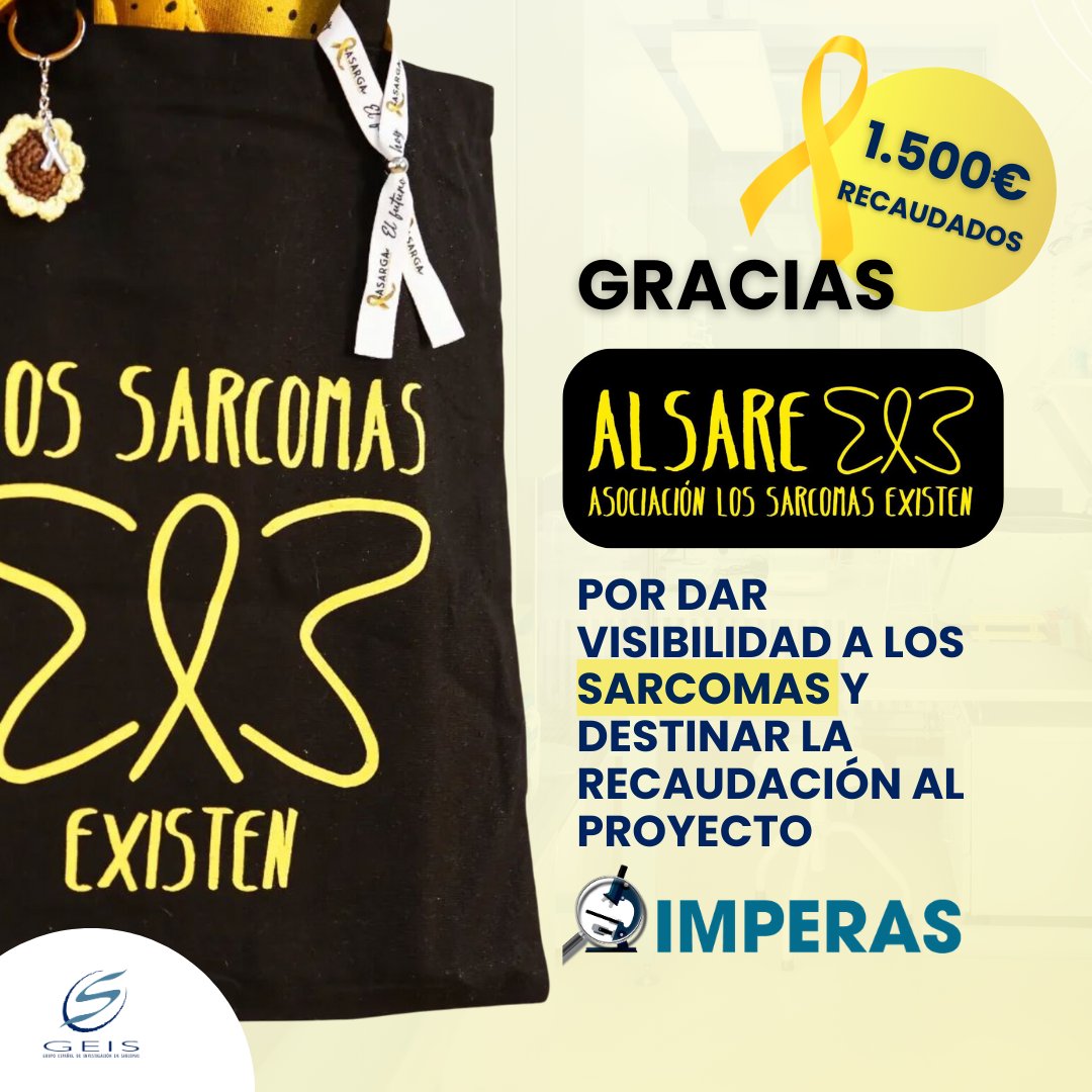 GrupoGeis's tweet image. ¡Gracias a la Asociación ALSARE por la generosa donación de 1.500€! 
Recaudado con la segunda edición de bolsas solidarias, este apoyo irá destinado al Proyecto IMPERAS.
 Unidos, seguimos avanzando.

#ALSARE #GEIS #Sarcomas #IMPERAS