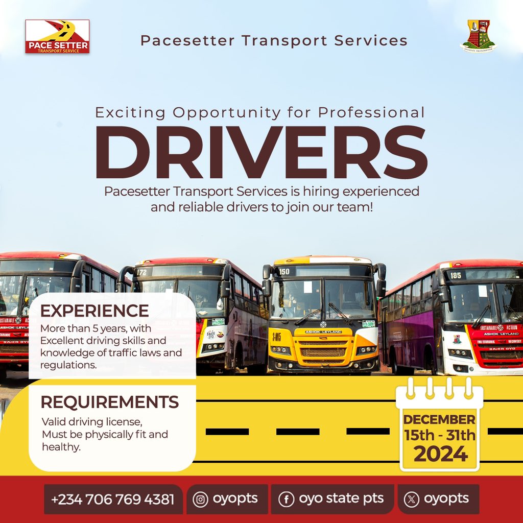 WE ARE HIRING!

The Pacesetter Transport Services opens application for the post of skilled and experienced drivers to join our dynamic team.

We are looking out for persons who are:

-Seasoned professional drivers
-With valid driver's license
-With training test certificate…