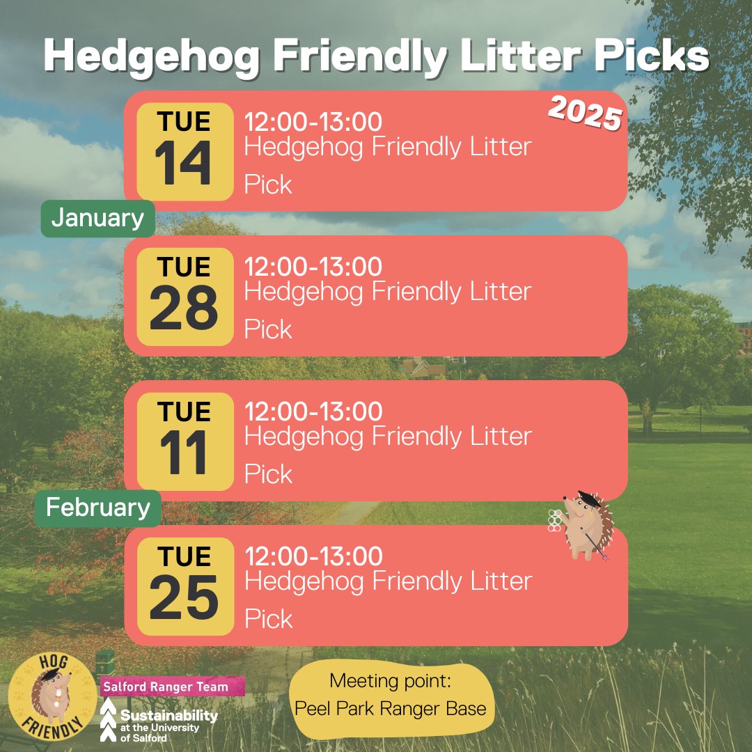 Here are some of the Hedgehog Friendly Litter Pick dates for 2025!💫
 
🗓️14th January
🗓️28th January
🗓️11th February
🗓️25th February
 
All on Tuesdays 12:00-13:00!
➡️Sign up through Eventbrite: bit.ly/HogPick
 
See you all in the new year!🦔