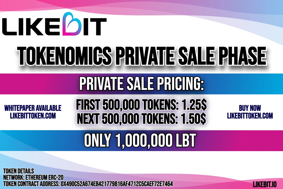 🚀 Private Sale has STARTED! 🚀

📢 Secure your LikeBit Tokens (LBT) now at exclusive prices before they hit exchanges at $2.25 per LBT! Only 1,000,000 LBT are available during this phase!!! Don’t miss out!

🎯 Private Sale Pricing:
🔥 First 500,000 tokens: $1.25 per LBT
🔥 Next