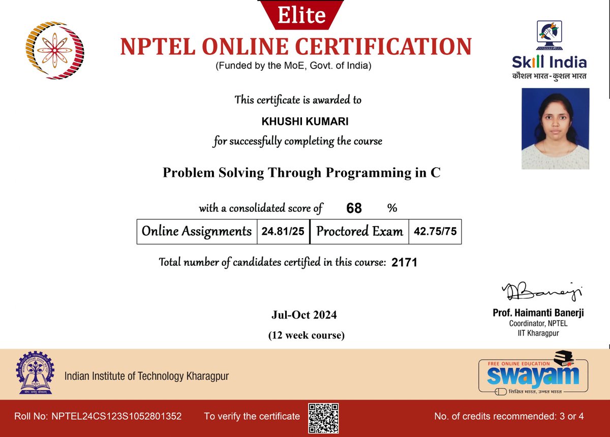 acscebangalore's tweet photo. 🎓 Kudos to Ms. Kushi Kumari (1AH22CD028) from #ACSCE #CSE-DS for completing the #NPTEL course "Problem Solving Through Programming in C." 🎉

Your dedication to learning is inspiring! 🚀 Wishing you continued success in your journey.

#ProgrammingInC #StudentAchievement https://t.co/TGAw7lRDmg