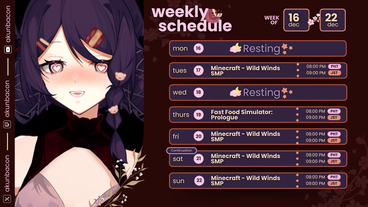 AkunBacon's tweet photo. Schedule for this week~! (づ  ̄ ³ ̄)づ🥓 ━━✫・*。 🥓General:#Akunbacon
🥓LIVE:#BaconLIVE
🥓Art:#AkunARTbacon
#ENVtubers • #Vtubers • #VTuberUprisin https://t.co/UTLkVxDUFv
