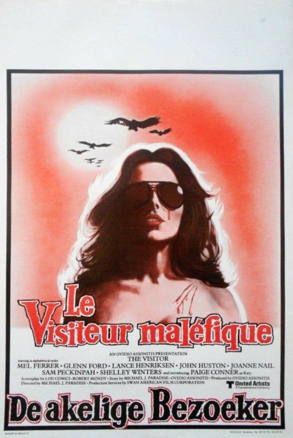TheFilmFair's tweet photo. Belgian film poster for #TheVisitor aka #Stridulum (1979 - Dir. #GuilioParadisi) #MelFerrer #JohnHuston #GlennFord #LanceHenriksen #SamPeckinpah #ShelleyWinters #JoanneNail #PaigeConner https://t.co/cjYdqJkb0G