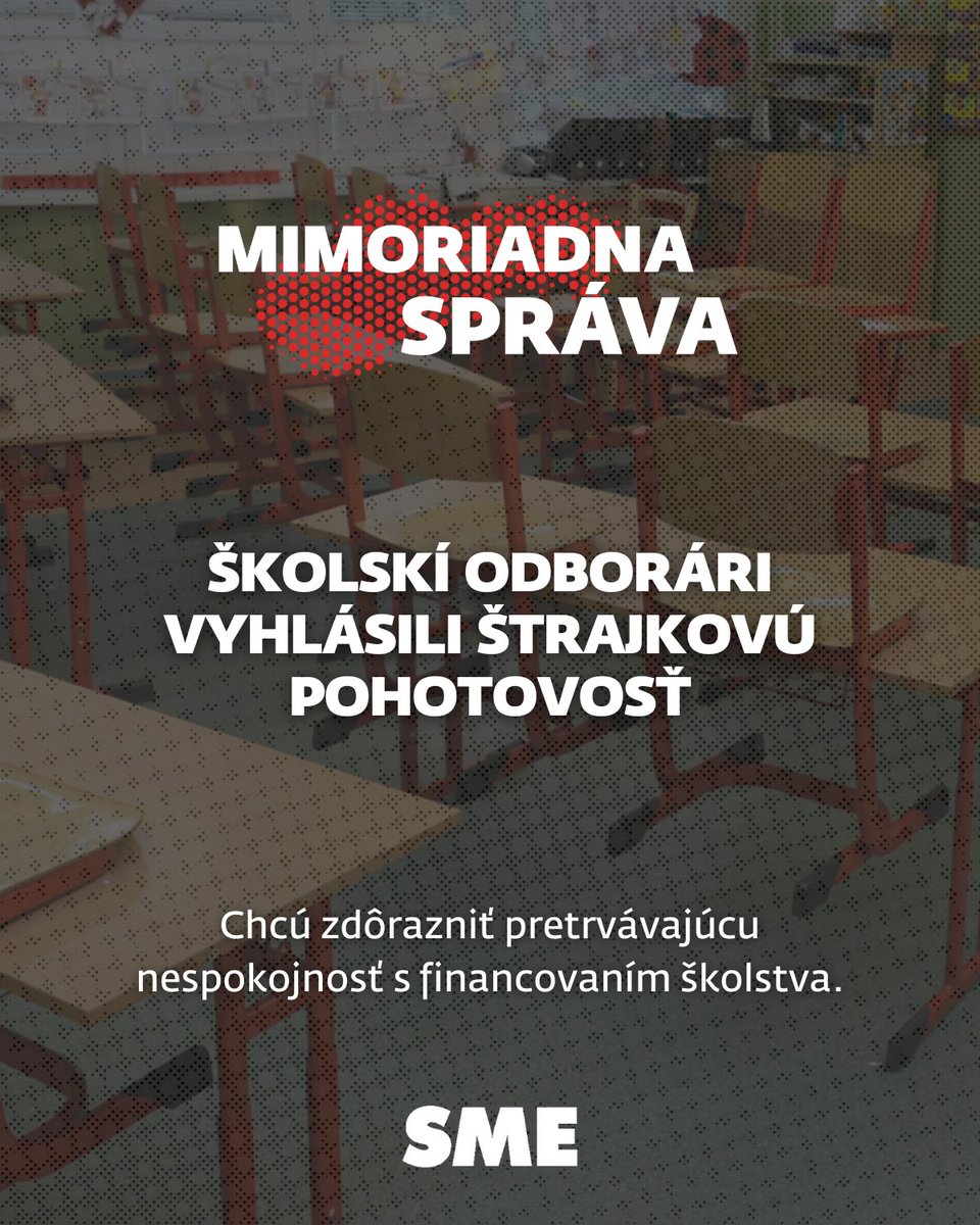 denniksme's tweet image. Odborový zväz školstva vyhlásil v utorok štrajkovú pohotovosť. 🚨

Chcú potvrdiť odhodlanie zamestnancov presadzovať požiadavky odborárov aj prostredníctvom nátlakových aktivít vrátane štrajku.

Čítajte viac: domov.sme.sk/c/23425609/sko…

#skolstvo #odbory #financie