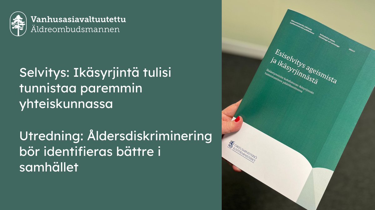 Vanhusasiavaltuutetun laatimassa ja oikeusministeriön julkaisemassa selvityksessä nostetaan esiin useita ikäsyrjinnän ja niin kutsutun ageismin muotoja sekä keinoja niiden vähentämiseksi. Tutustu julkaisuun: urn.fi/URN:ISBN:978-9… 1/2
