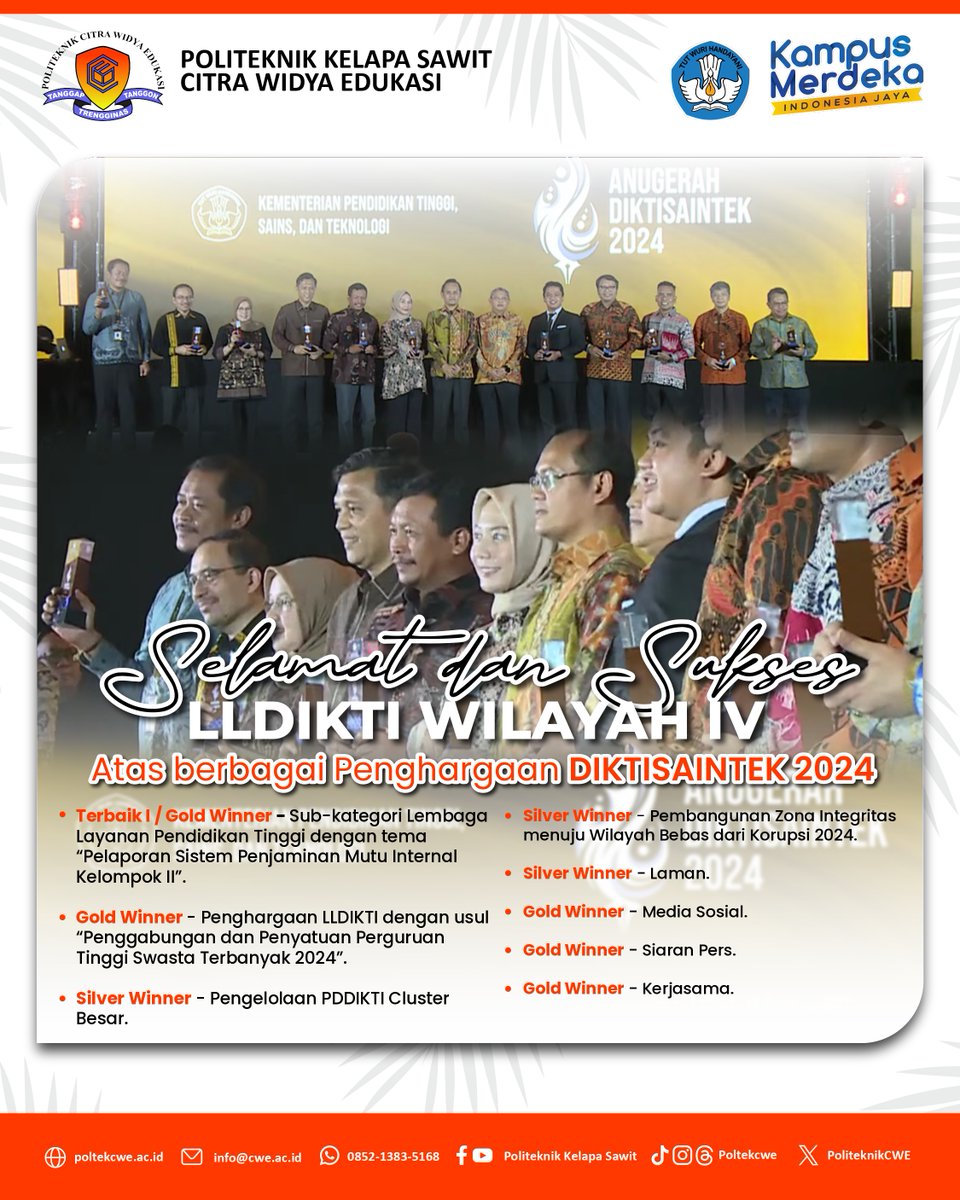 poltekcwe_'s tweet photo. Kami Segenap Civitas Akademik Politeknik Kelapa Sawit Citra Widya Edukasi mengucapkan Selamat dan sukses untuk LLDIKTI Wilayah IV atas prestasi luar biasa yang telah diraih! 🏆✨👏🏻
#poltek #poltekcwe #politeknik #kampusmerdeka #kampusindonesia #kampus #kampusterbaik #kampuszone https://t.co/OPS1G5Ee66