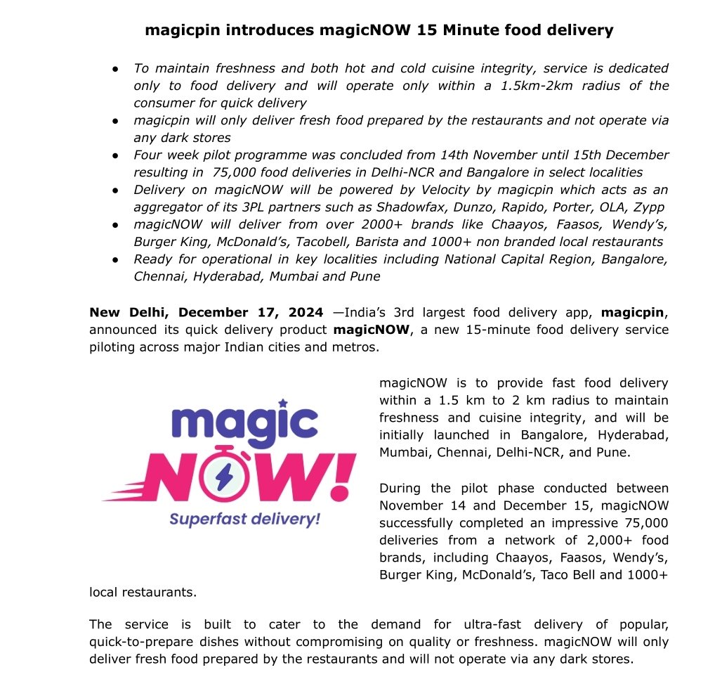 upadhyay_harsh1's tweet photo. Now, Magicpin enters 15 min food delivery space

It will compete with 👇
Zepto Cafe
Swiggy Bolt
Swish
Blinkit Bistro
Zing https://t.co/eLqraDX67B