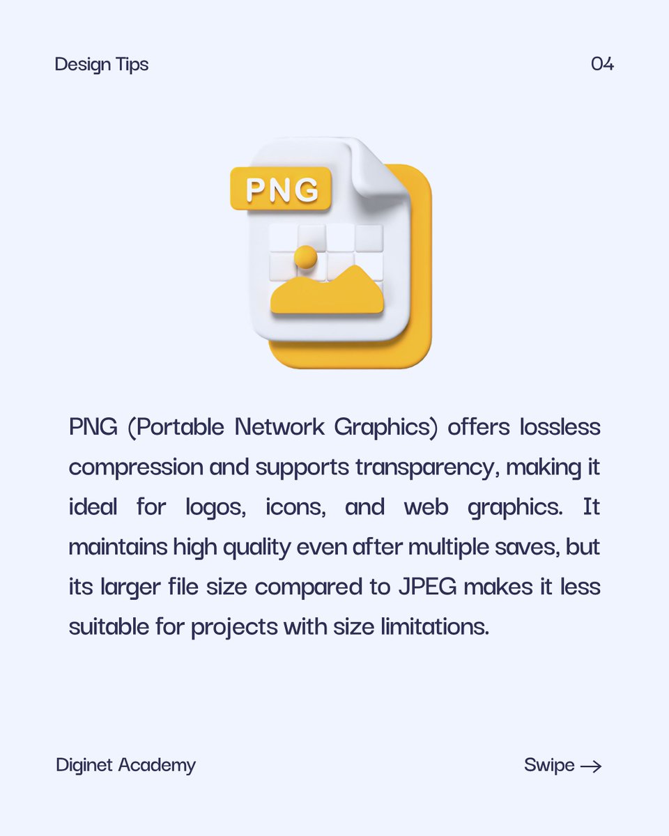 DiginetSchool's tweet image. 🖌 Design smart! Use the right file format, JPEG, PNG, or GIF for the best results. 🚀

#GraphicDesignTips #FileFormats #DiginetOnlineAcademy