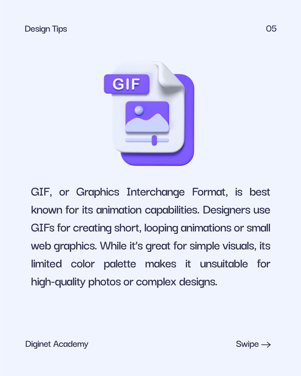 DiginetSchool's tweet image. 🖌 Design smart! Use the right file format, JPEG, PNG, or GIF for the best results. 🚀

#GraphicDesignTips #FileFormats #DiginetOnlineAcademy