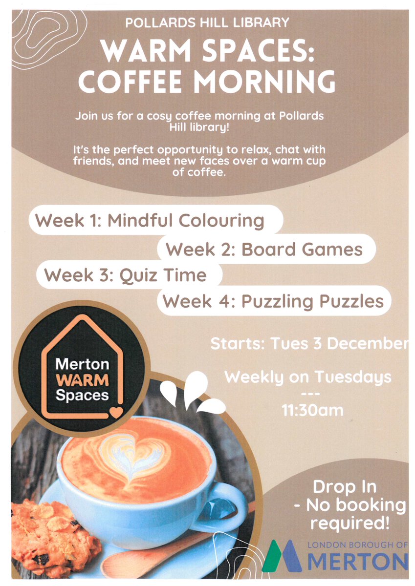 Looking for a cozy spot to stay warm this winter? Join Pollards Hill Library every Tuesday for warm spaces, hot drinks, biscuits and fun activities! Everyone is welcome- come for the warmth, stay for the community. #WarmSpaces #PollardsHillLibrary