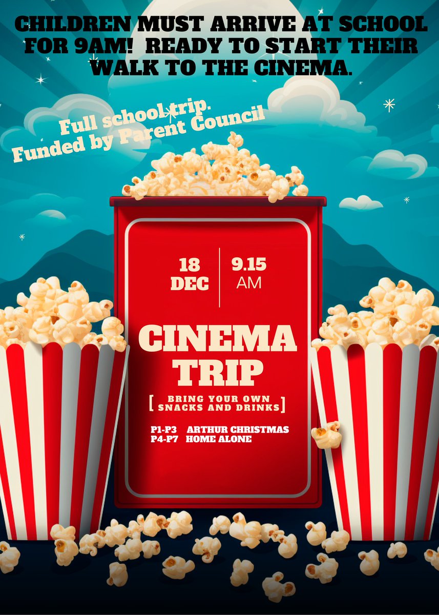 HalfmerkePS_PC's tweet photo. 🎟 One more sleep!! Cinema trip tomorrow!! 

🍬 🍿Don't forget to pack some snacks 🍿🍬

No fizzy drinks or lollipops though!

Children must be at school for 9am. They will be leaving the school at 9.15am to walk to the cinema 🎥 

🧥🧤 Make sure they are dressed for the weather! https://t.co/fZT7mtKytg