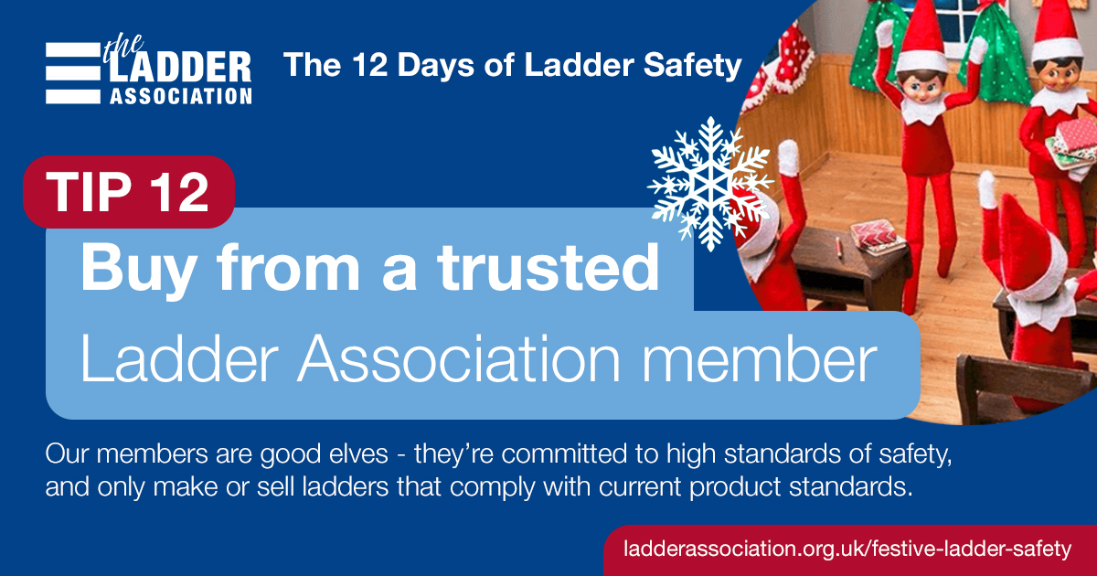 📣 Tip 12 of 12 - Buy from a trusted Ladder Association member!
This festive season we’re reminding you to take extra care when buying ladders online with our ‘12 Days of Ladder Safety’ top tips! Find out more: ecs.page.link/VX15L 
#festiveladdersafety