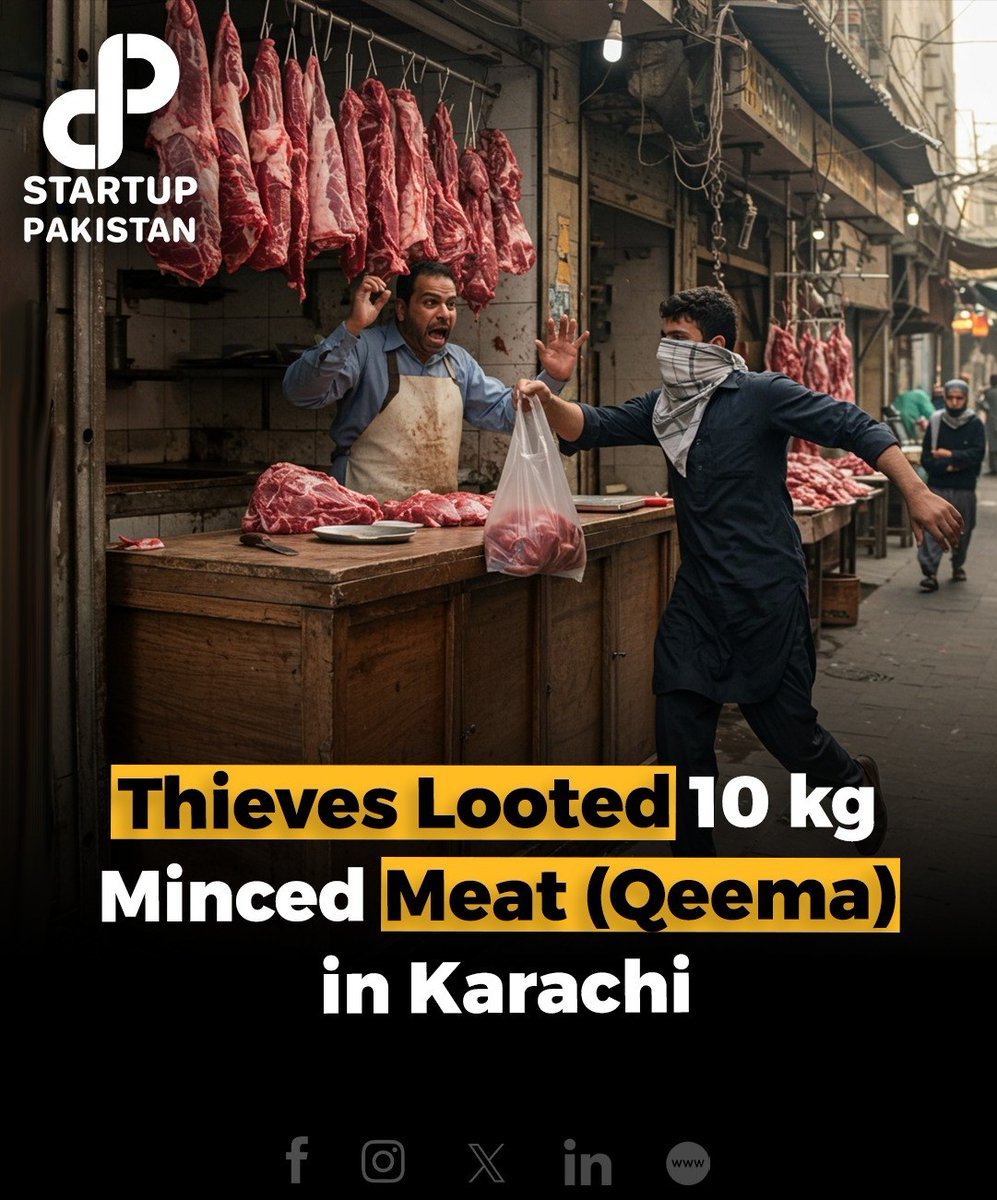 PakStartup's tweet photo. In a bizarre incident in Karachiโs Liaquatabad area, two rob_bers st_ole 10 kilograms of minced meat from a butcher at gu_npo_int but left his cash and mobile phone untouched.
#Karachi #Incidents #MincedMeat #Unbelievable #KarachiNews https://t.co/iA1DDeDjR7