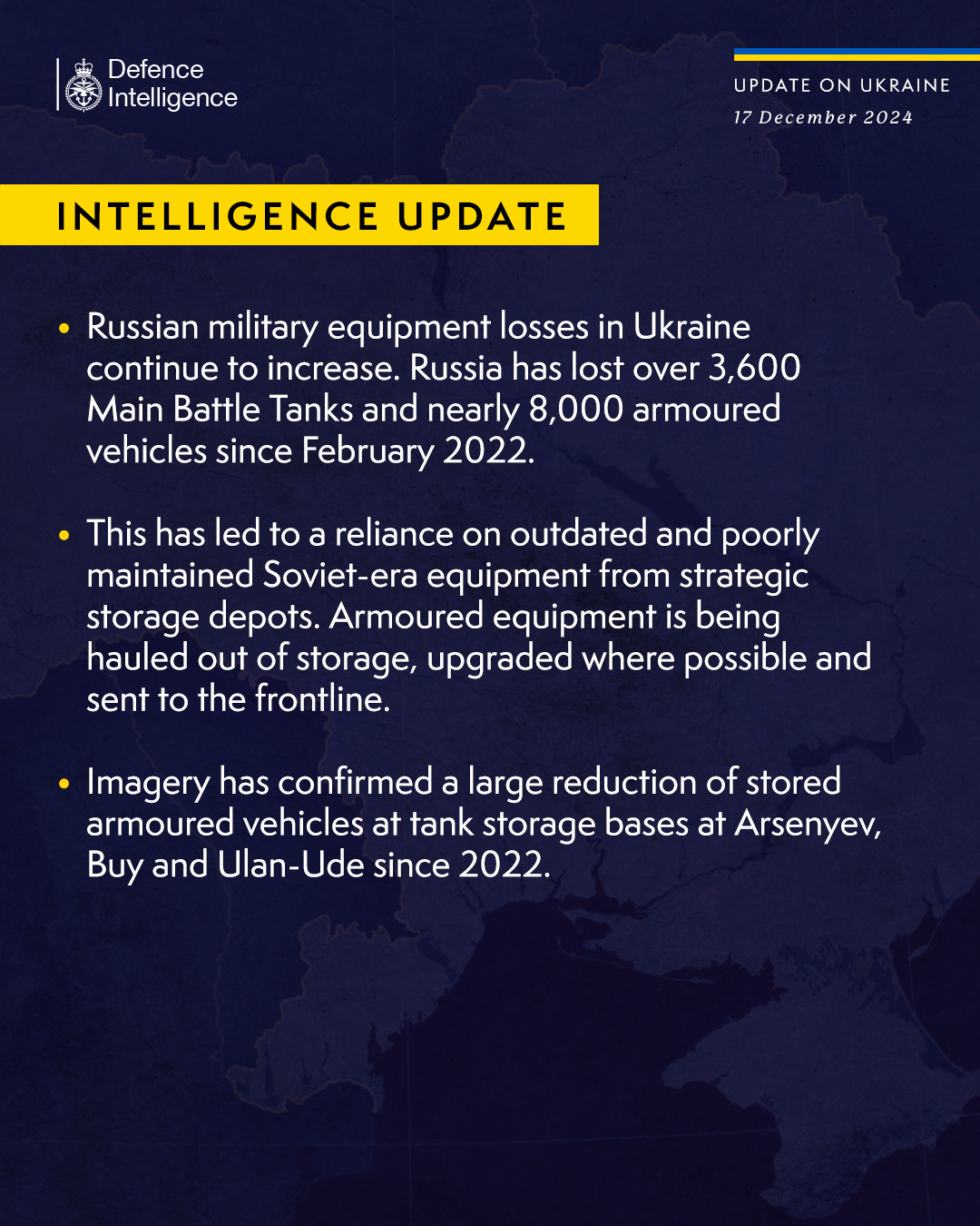 Russian military equipment losses in Ukraine continue to increase. Russia has lost over 3,600 Main Battle Tanks and nearly 8,000 armoured vehicles since February 2022.This has led to a reliance on outdated and poorly maintained Soviet-era equipment from strategic storage depots. Armoured equipment is being hauled out of storage, upgraded where possible and sent to the frontline.Imagery has confirmed a large reduction of stored armoured vehicles at tank storage bases at Arsenyev, Buy and Ulan-Ude since 2022.