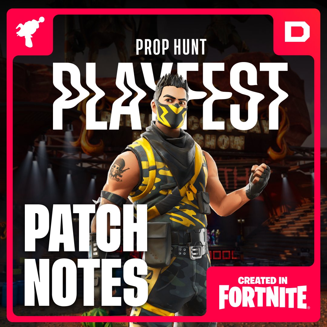 New Patch Notes for Prop Hunt Playfest are here! 📊

🪙 XP Coins
- Find 10 XP Coins in each level to boost your Battle Pass XP this season!

✨ Ranked Rewards
- Unlock free cosmetics in the Merch Store at Levels 20, 40, 60, and 80!

🏙️ Improved Lobby
- The Merch Store is now 2