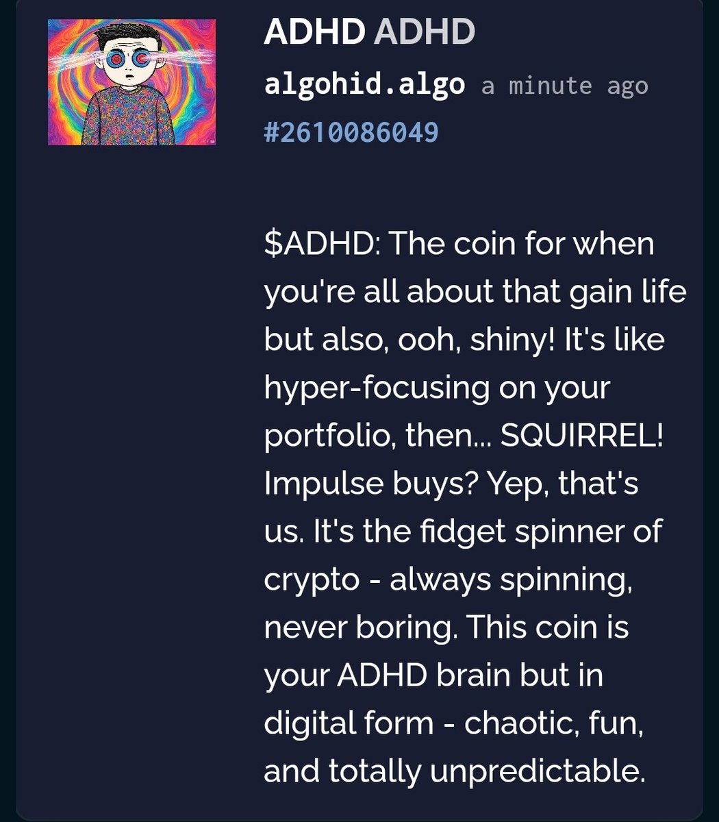algohidalgo's tweet image. #algofam I just dropped $ADHD - All about that gain life but then, SQUIRREL! ๐ฟ๏ธ
๐ Hyperfixate on this or forget about it like your last project.
Impulse grab this gem! NFA DYOR
I'm too distracted by all the memes - so no plans for it except HODL ๐๐คฒ
rug.ninja/ADHD
