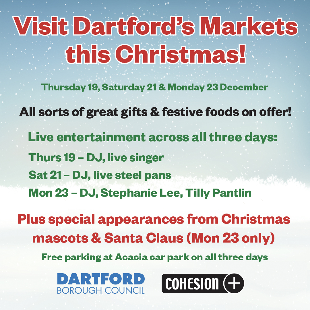 Dartford Borough Council (@dartfordbc) on Twitter photo Visit Dartford's markets this Christmas!
This Thursday 19th, Saturday 21st and also Monday 23rd December, grab some last minute bargains to fill your stockings!
Live entertainment on all three days delivered by <a href="/cohesionplus/">Cohesion Plus</a>
<a href="/dartfordliving/">Dartford Living</a> <a href="/madeinkentuk/">Made in Kent Radio 💙💜</a> Visit Dartford's markets this Christmas!
This Thursday 19th, Saturday 21st and also Monday 23rd December, grab some last minute bargains to fill your stockings!
Live entertainment on all three days delivered by <a href="/cohesionplus/">Cohesion Plus</a>
<a href="/dartfordliving/">Dartford Living</a> <a href="/madeinkentuk/">Made in Kent Radio 💙💜</a>