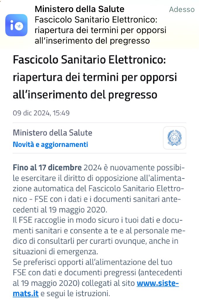 anticofuturo's tweet photo. Con l’app IO comunicano la riapertura, fino ad oggi, del termine per opporsi all’inserimento nel FSE dei dati sanitari antecedenti al 19 maggio 2020.

Chi vuole opporsi non ha istallato l’app IO.

#Comma22 https://t.co/HSqNxofMR0