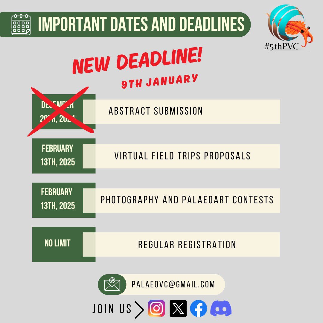 🚨Deadline extended!🚨

🗓Don't miss the #5thPVC NEW DEADLINE to submit your abstracts! 

📧Submit now at palaeovc.org