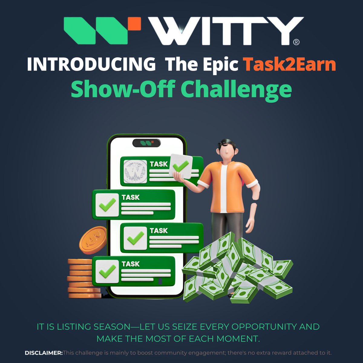 thewittytech001's tweet image. 🌟Introducing the Epic Task2Earn Show-Off Challenge!💫

Get Ready to Earn 27,000 $WFC Daily!💶

Here’s your chance to make a real impact while growing the $WTY community and also preparing for WITTY’s big leap to a Top Tier 1 Exchange!📊

📑Challenge Details👇

1. Engage on…