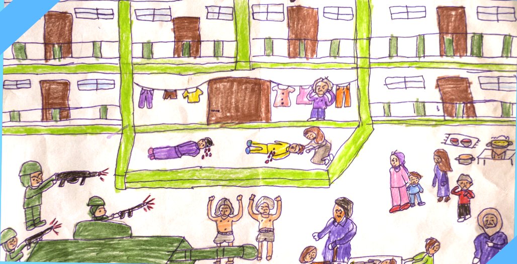 “School is no longer a safe place where children learn and play; it is a place where people suffer and die,” 10-year-old Hala, a #Palestinian child in #Gaza told the Gaza Community #MentalHealth Programme team when they visited her tent in Deir al-Balah. This is Hala's drawing.