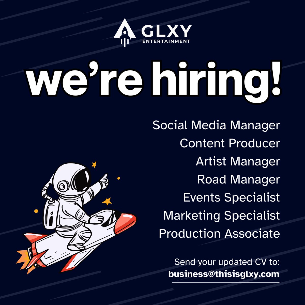 🚀 WE ARE HIRING! 🚀

GLXY Entertainment is building something special and we want YOU to be part of it! Ready to bring your A-game? Send your updated CV now to business@thisisglxy.com ✨

#GLXYEntertainment #GLXYTalentManagement