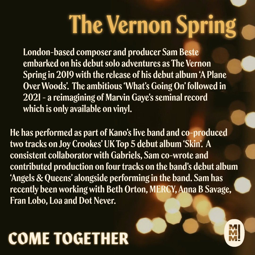 COME TOGETHER: THURSDAY 19th DEC '24 BRIGHTON  

Get ready to be mesmerised by the exquisite <a href="/TheVernonSpring/">The Vernon Spring</a>! Sought-after producer, performer &amp; composer, working with legends like Gabriels, Kano, Joy Crookes &amp; Beth Orton

#MakeMusicMatter #Brighton