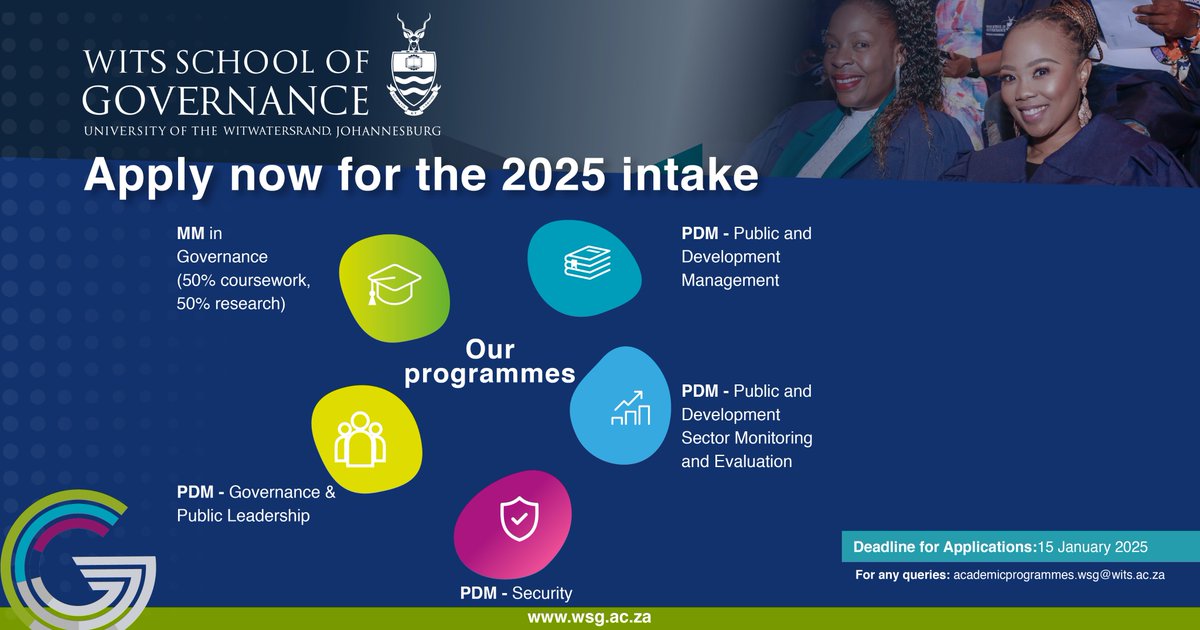 Don’t miss your chance to join Africa’s Leading School of Governance in 2025! Late applications for our prestigious postgraduate programmes close on 15 January 2025.

Apply today on wsg.ac.za/academic-progr… . 

#WitsSchoolOfGovernance #PostgraduateStudies  #GovernanceMatters