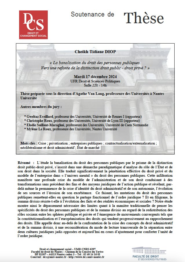 ⏱️ à 14h 🎓Soutenance - Cheikh Tidiane DIOP
⚖️La banalisation du droit des personnes publiques
Vers une refonte de la distinction droit public - droit privé? sous la direction d'Agathe Van Lang
➡️urlr.me/9gVYwb
Jury:
G. Eveillard
Ch. Roux
E. Saillant-Maraghni
M. Le Roux