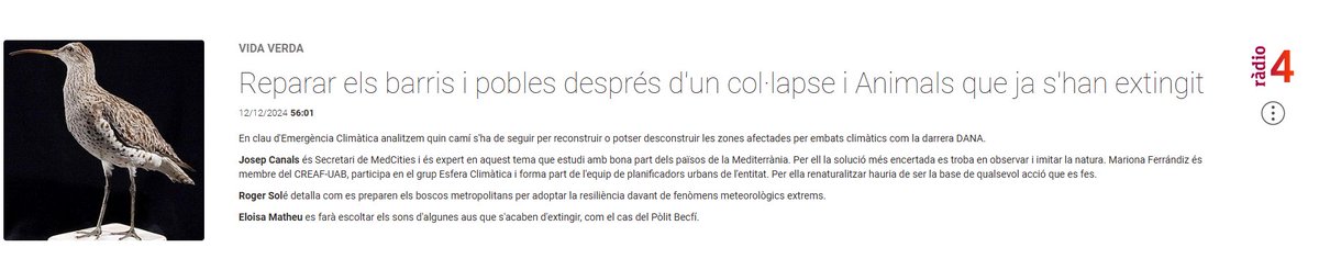 📻'Les ciutats s'han planificat amb una mirada curta i ara cal naturalitzar-les per evitar l'impacte negatiu dels fenòmens climàtics, i prevenir noves edificacions i infraestructures en llocs de risc natural', així va parlar <a href="/Pepbogota/">Josep Canals Molina</a> amb Mariona Ferrándiz de <a href="/CREAF_ecologia/">CREAF</a>