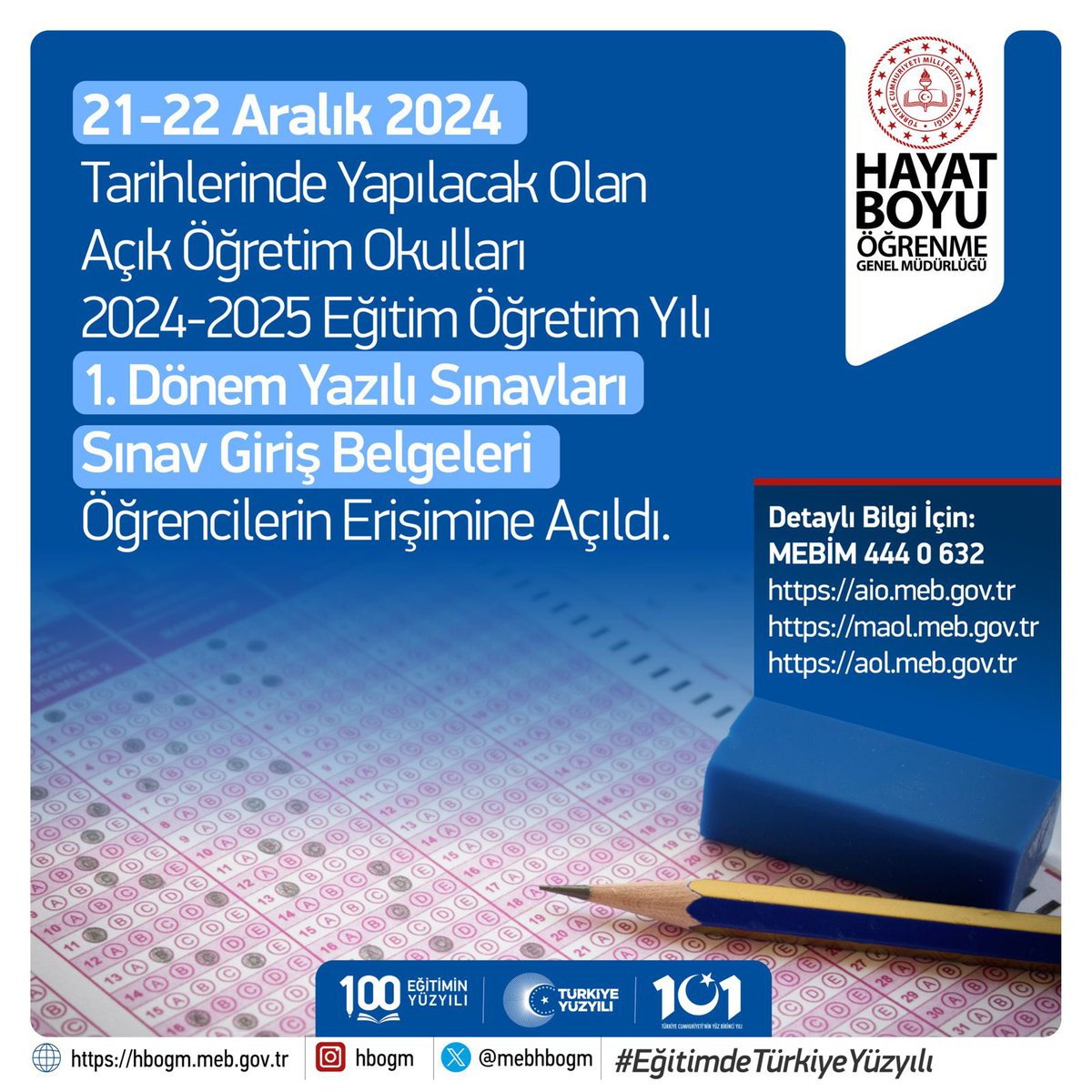 DazkiriHEM's tweet photo. Öğrenciler, fotoğraflı Sınav Giriş Belgelerini öğrenci/T.C. kimlik numarası ve şifreleriyle
https://t.co/nGmWFgjfBk giris.aspx (AOL)
https://t.co/13VYheGyBD… (AOO)

resmî internet adresinden sisteme giriş yaparak alabilecekler.

Sınav Tarihi: 21-22 Aralık 2024 https://t.co/R77IuDefJV