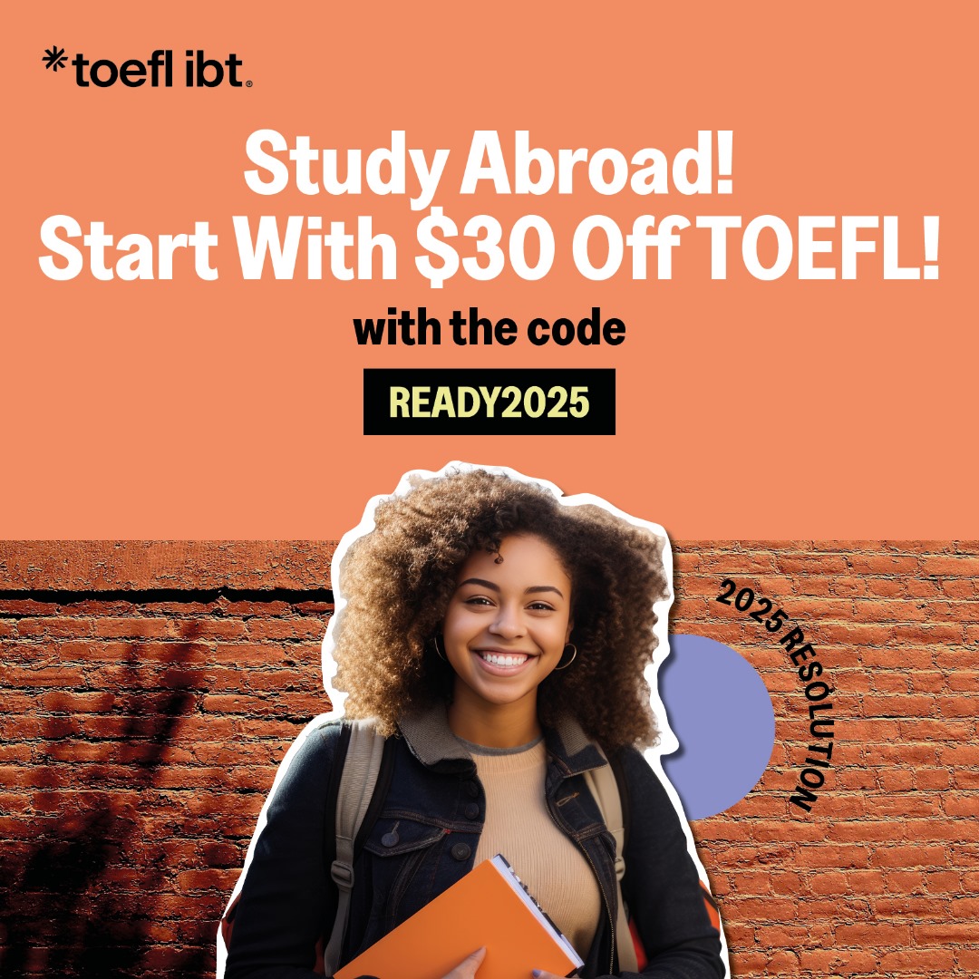 TOEFLAfrica's tweet photo. Open doors to global opportunities! Begin your study abroad journey with $30 off your TOEFL exam.
Apply code READY2025.
#StudyAbroad #TOEFLiBT #englishproficiency #EnglishTest #learninglanguage https://t.co/DYYkmfO9Jt