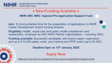 Apply for the NIHR ARC NWC Pre-application Support Fund 
- £10K funding 
- Tailored training
- PPIE support

Deadline: 17:00, 13 Jan 2025 
Details at NIHR ARC NWC webpage: arc-nwc.nihr.ac.uk/impact/nihr-ar…

#NIHR #HealthResearch #Funding