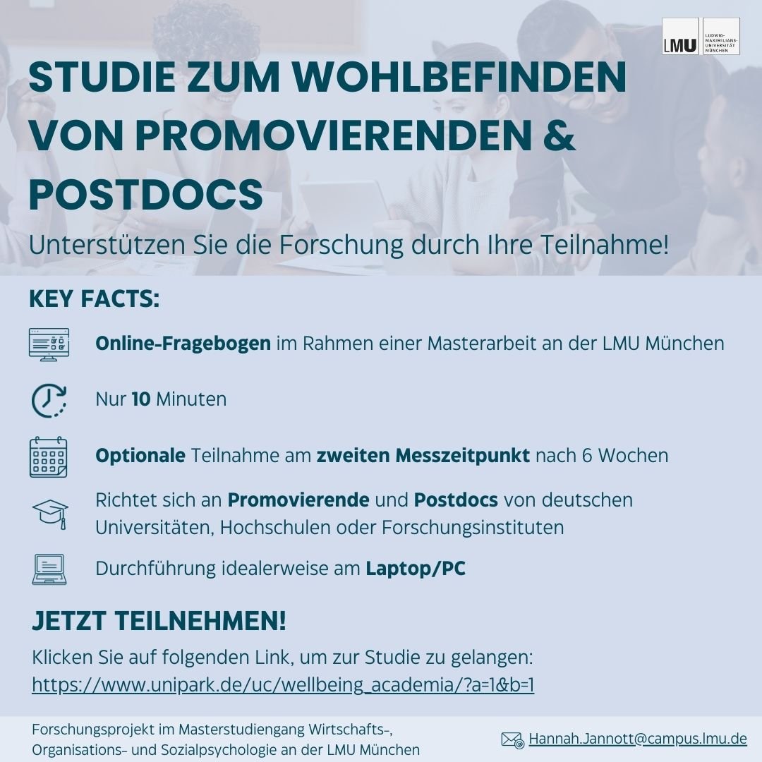 Unterstützen Sie eine Master-Studentin im Studiengang Wirtschafts-, Organisations- und Sozialpsychologie an der LMU München und nehmen Sie an einer kurzen Online-Studie teil. ⤵️ unipark.de/uc/wellbeing_a…